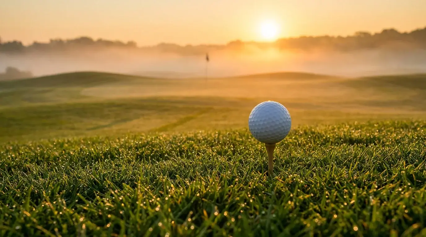 Golfball auf einem Tee bei Sonnenaufgang auf einem gepflegten Golfplatz mit morgendlichem Nebel