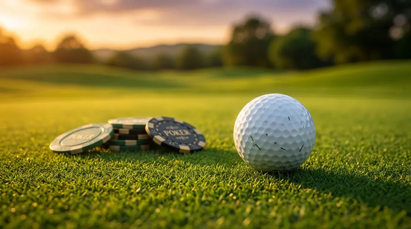 Golfball auf dem Grün mit gestapelten Pokerchips im Hintergrund als Symbol für Bankroll-Management bei Golfwetten