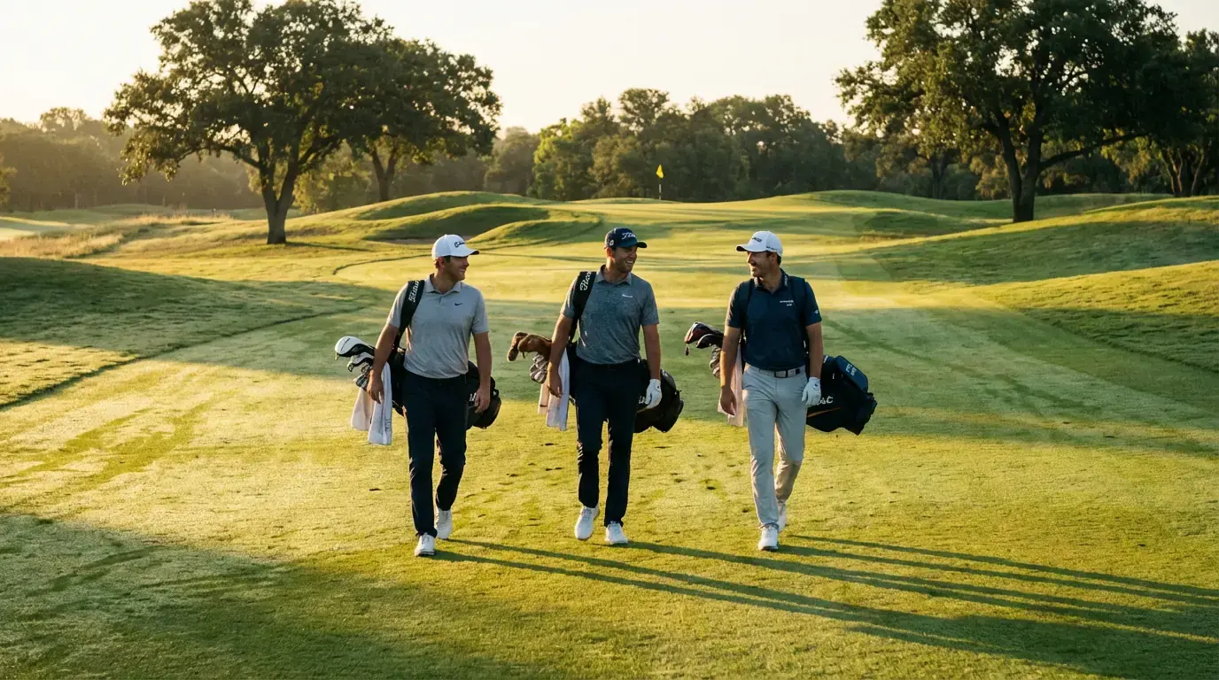 Drei Golfspieler auf dem Fairway eines grünen Golfplatzes bei Morgenlicht als Dreiergruppe