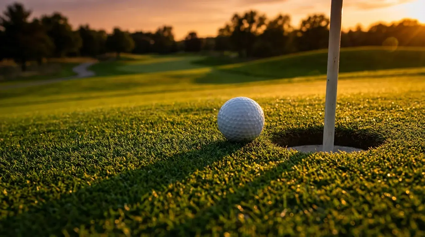 Golfball auf dem Grün nahe der Fahne mit dramatischem Gegenlicht bei Sonnenuntergang