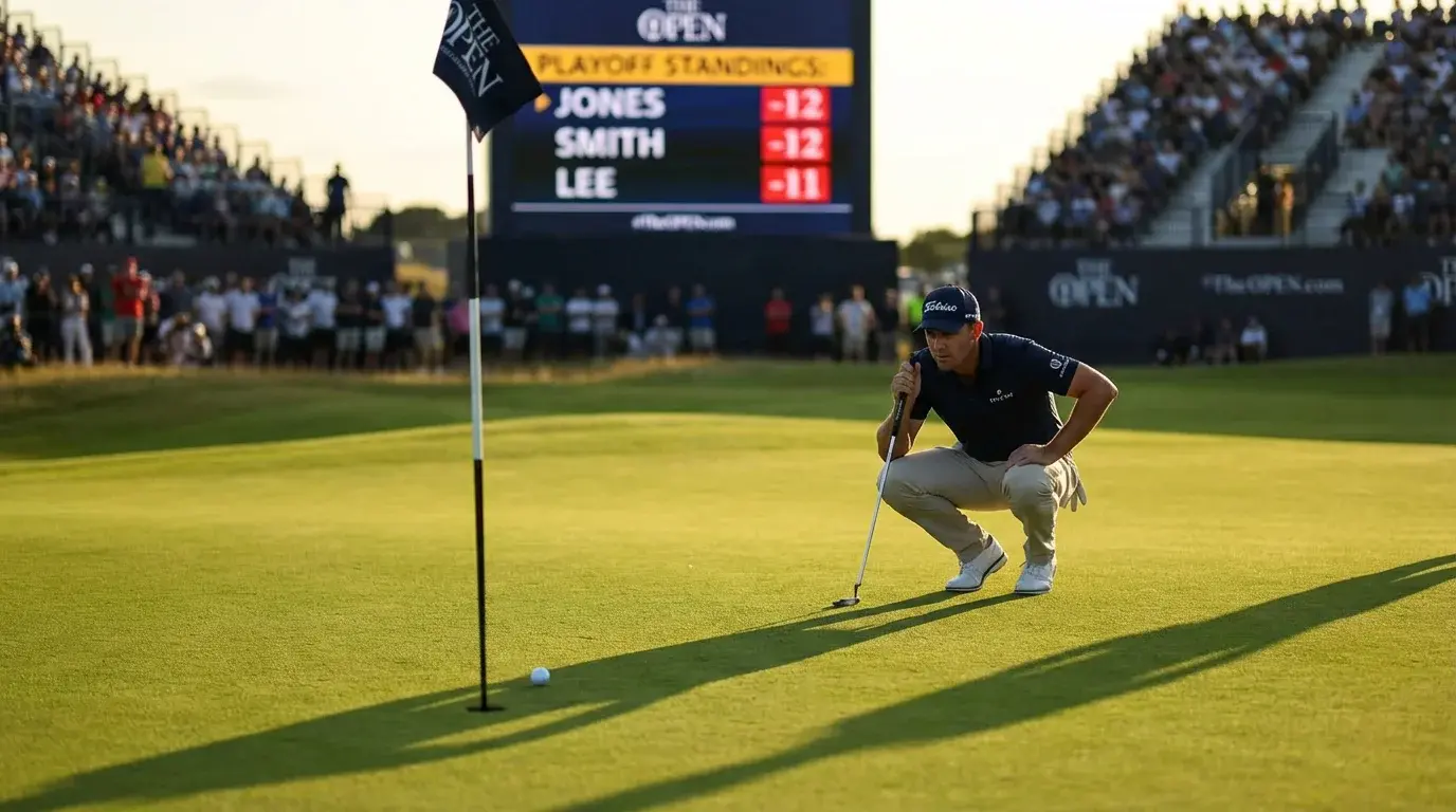 Dramatische Szene auf einem Golfplatz während der FedEx Cup Playoffs mit einem Golfspieler beim Putt im goldenen Abendlicht