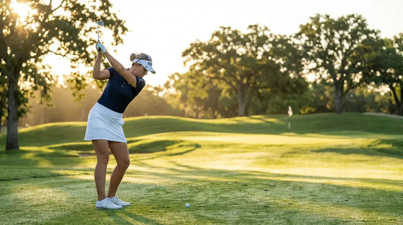 Professionelle Golferin beim Abschlag auf einem grünen Fairway im Sonnenlicht