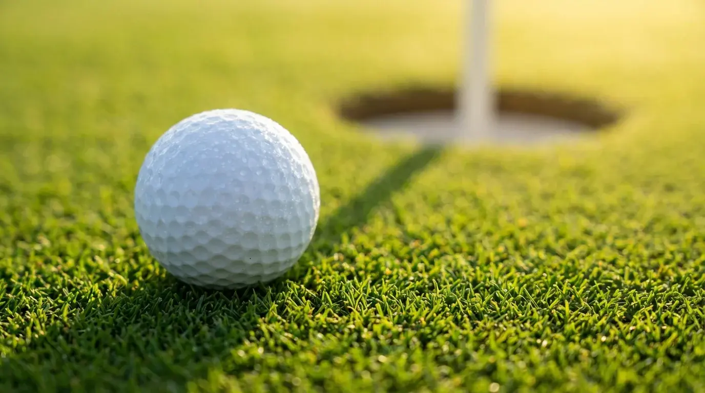 Nahaufnahme eines Golfballs auf dem Putting Green kurz vor dem Loch