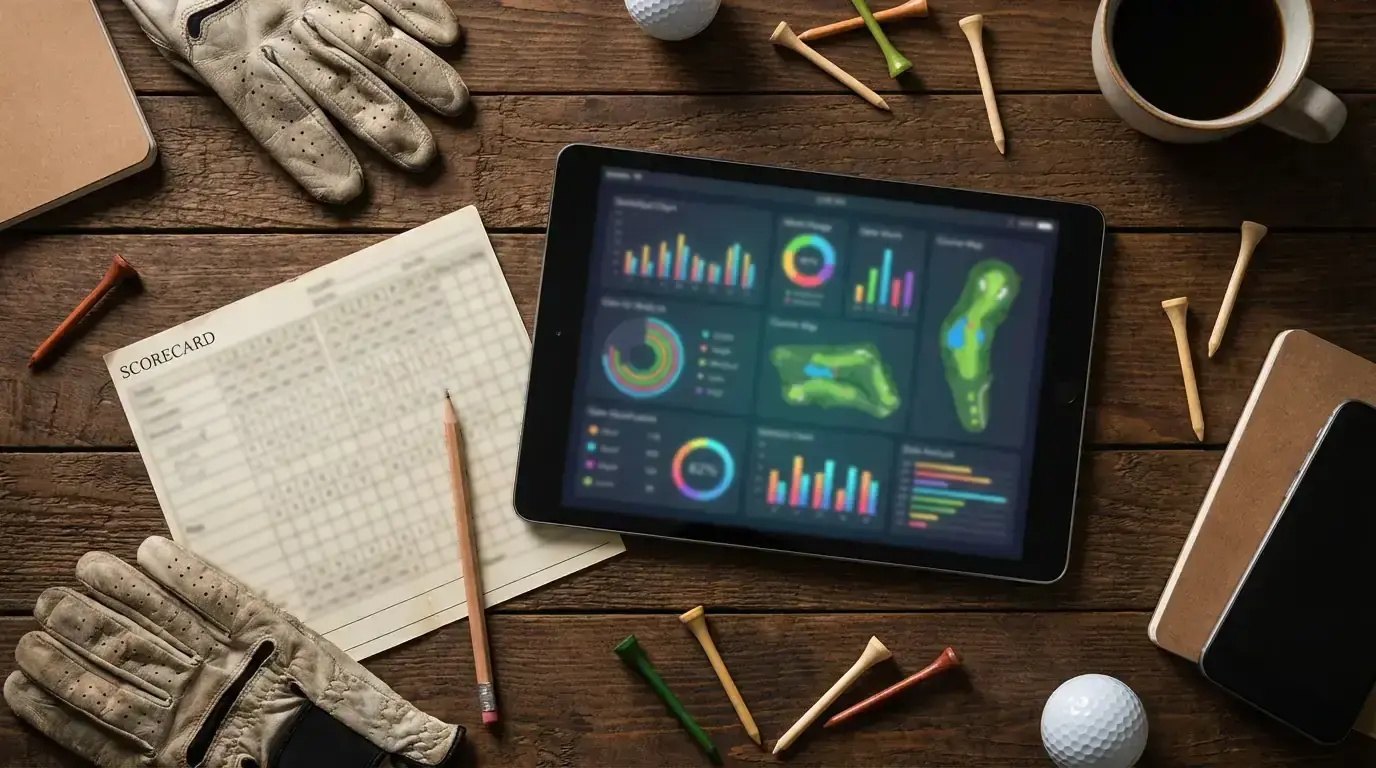 Golf-Scorecard und Statistiken auf einem Tablet neben Golfausrüstung
