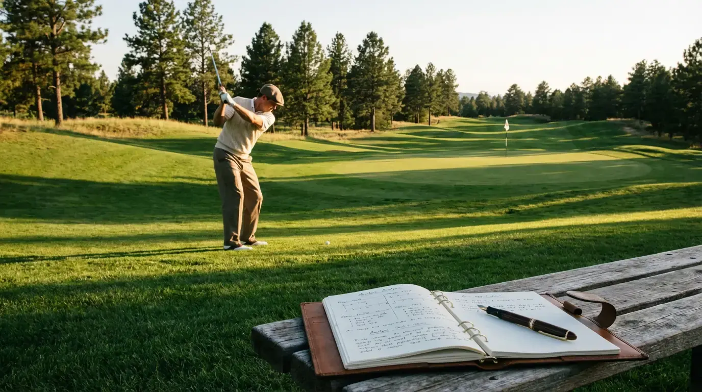 Golfspieler auf dem Fairway bei einem Annäherungsschlag auf das Grün, mit Statistik-Notizbuch im Vordergrund
