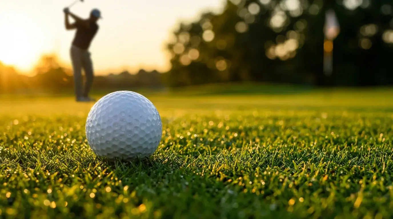 Golfball auf einem grünen Fairway mit unscharfem Golfspieler im Hintergrund bei goldenem Sonnenlicht