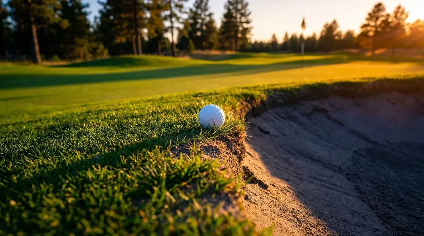 Golfball am Rand eines Bunkers auf einem grünen Golfplatz bei dramatischem Abendlicht - symbolisch für Stolperfallen bei Golfwetten