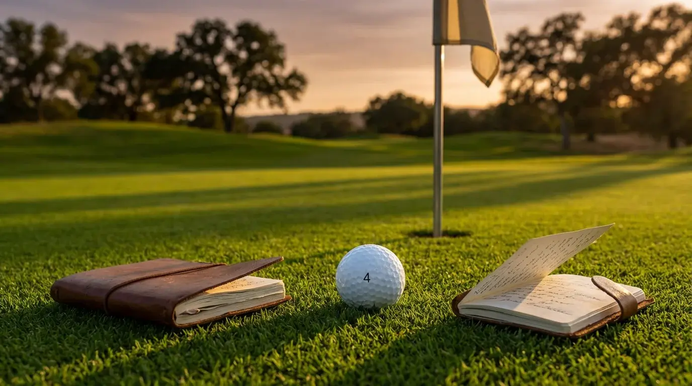 Golfball auf dem Grün neben der Fahne mit einem aufgeschlagenen Glossar-Notizbuch im Vordergrund