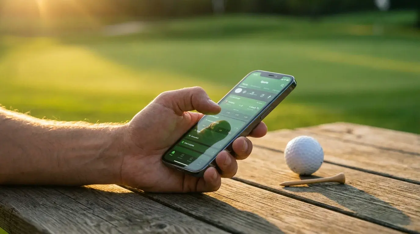 Smartphone mit Golf-Wetten auf einem Tisch neben einem Golfball, im Hintergrund ein grüner Golfplatz