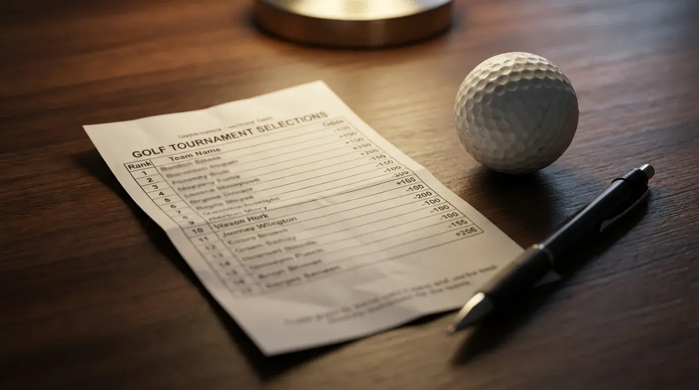 Ausgefüllter Wettschein auf einem Tisch neben einem Golfball und einem Stift, symbolisch für Golf-Sportwetten