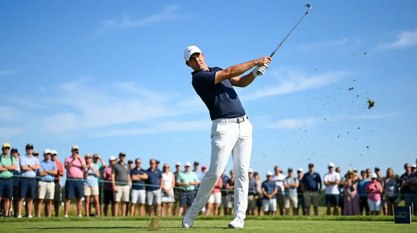 Profigolfer beim Abschlag während eines Turniers mit Zuschauern im Hintergrund