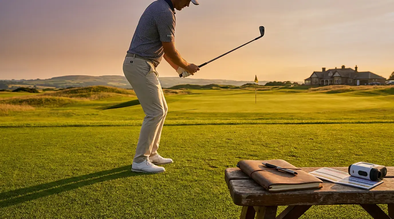 Golfspieler auf einem grünen Fairway bei Sonnenuntergang, symbolisch für Golfwetten und Quotenanalyse