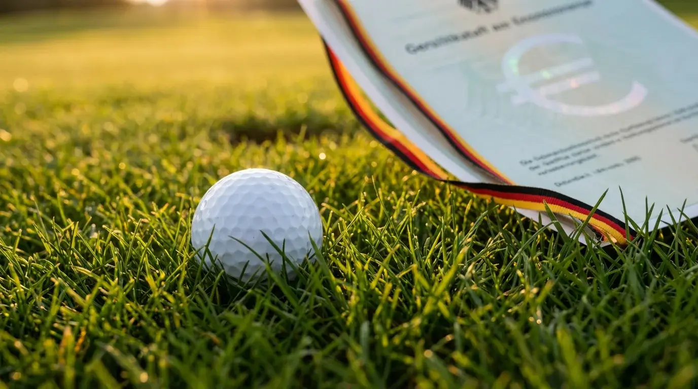 Golfball auf einem grünen Fairway mit einem offiziellen Dokument und Euro-Symbolen im Hintergrund, symbolisch für Golfwetten und Steuern in Deutschland