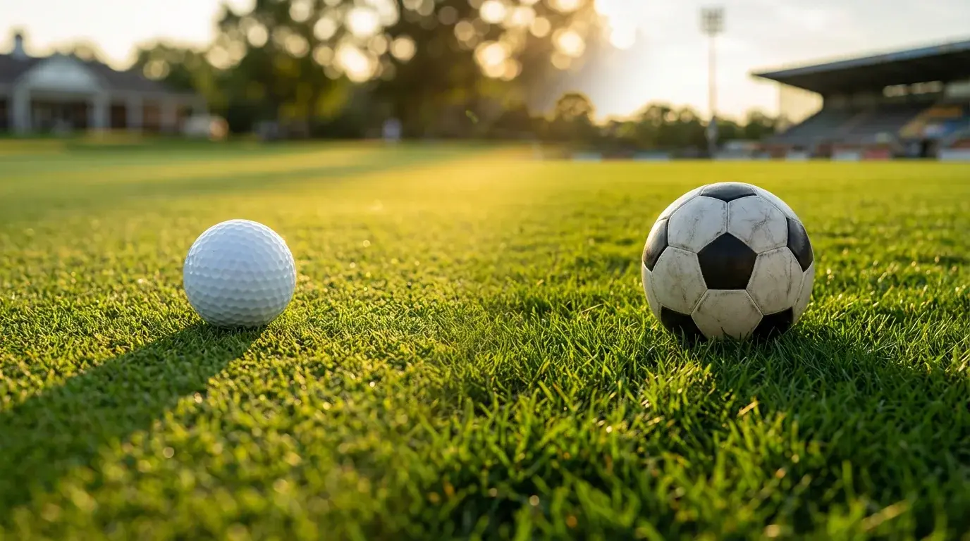 Golfball auf dem Grün neben einem Fußball auf Rasen - symbolischer Vergleich zwischen Golf- und Fußballwetten