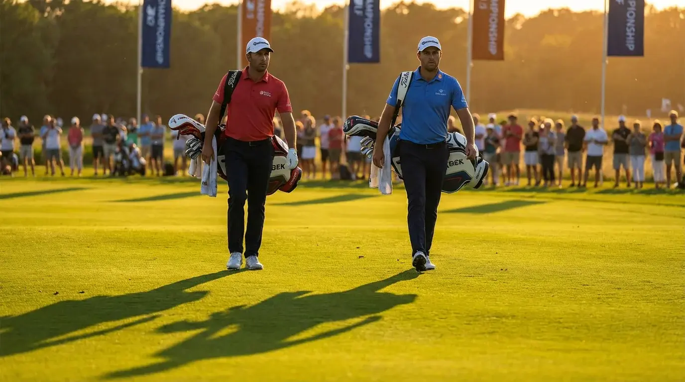 Zwei Golfspieler auf einem Fairway im direkten Duell bei einem Golfturnier