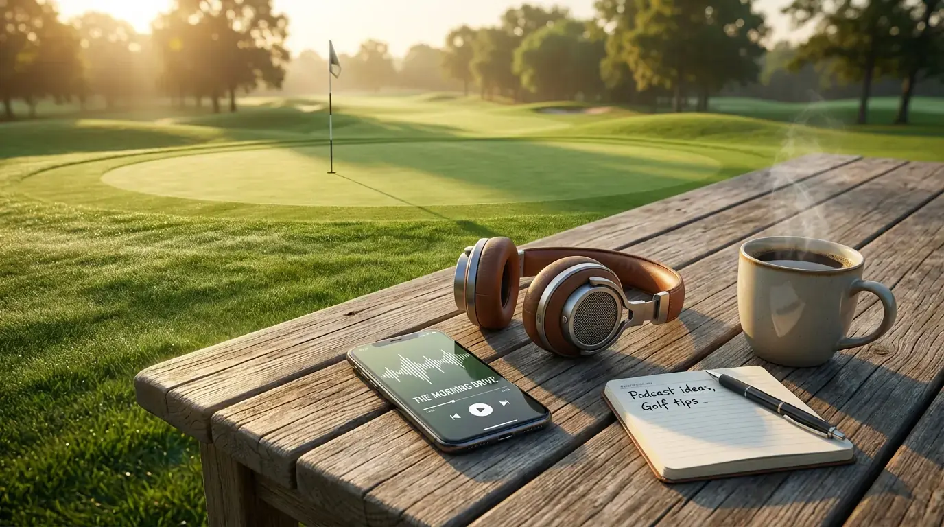 Golfplatz mit Smartphone und Kopfhörern auf einem Holztisch - Symbolbild für Golf-Recherche und Podcast-Analyse