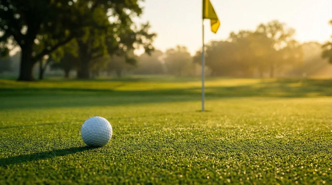 Golfball auf dem Grün eines Golfplatzes mit unscharfem Fairway im Hintergrund als Symbol für Golf-Platzierungswetten