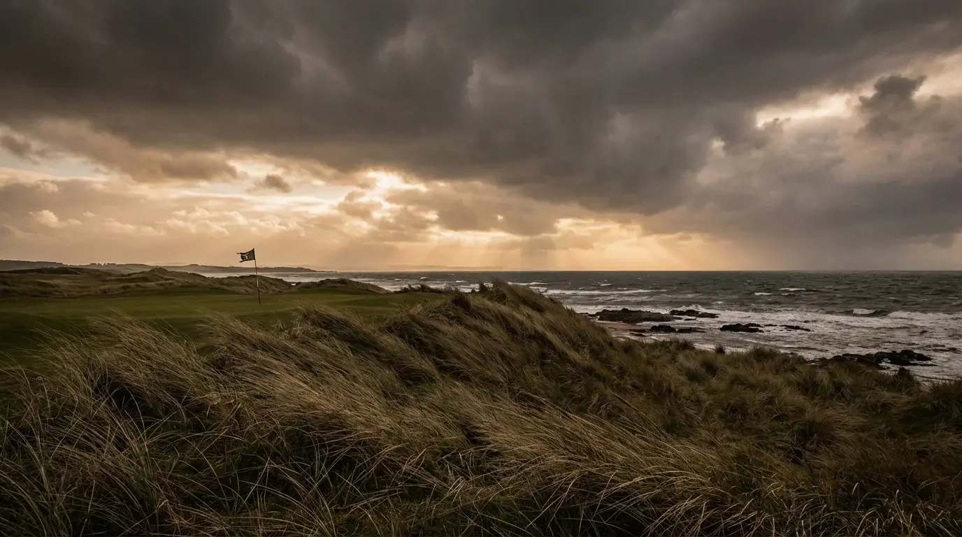 Dramatischer Links-Golfplatz an der Küste bei windigem Wetter mit dunklen Wolken