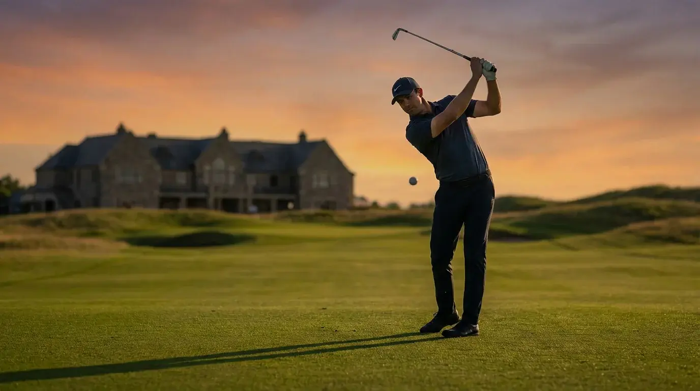 Golfspieler beim Abschlag auf einem luxuriösen Golfplatz mit dramatischer Beleuchtung