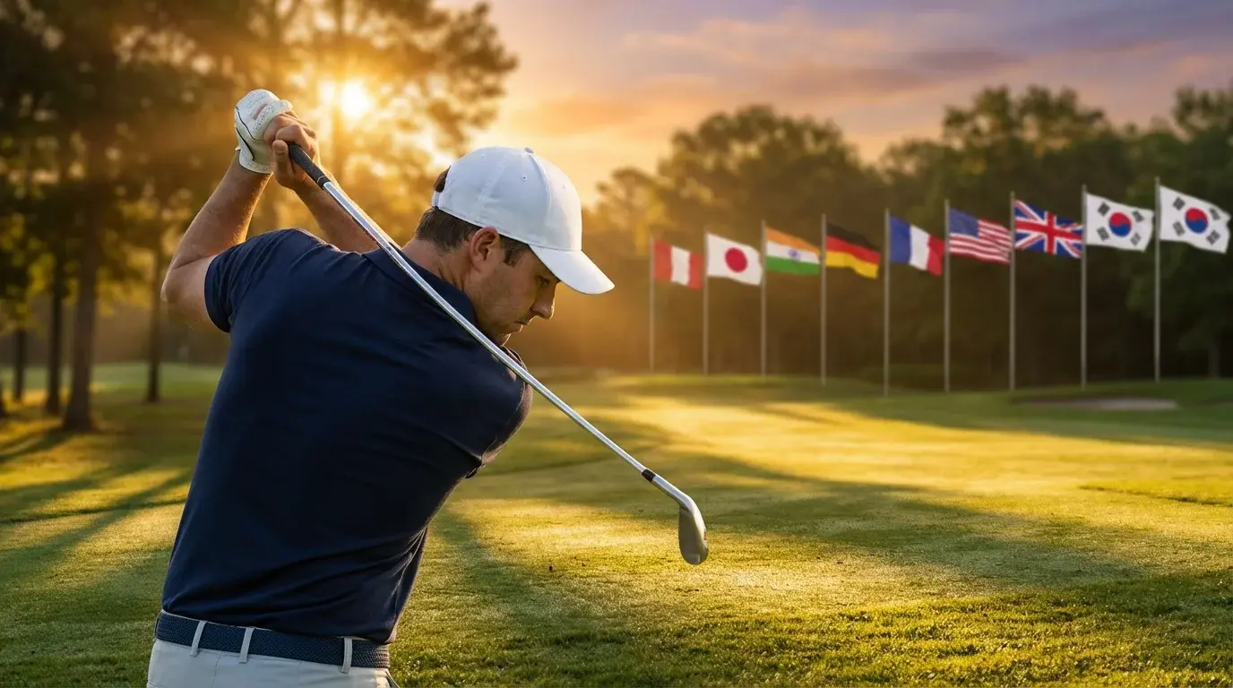 Golfspieler schlägt ab auf einem olympischen Golfplatz mit Flaggen im Hintergrund