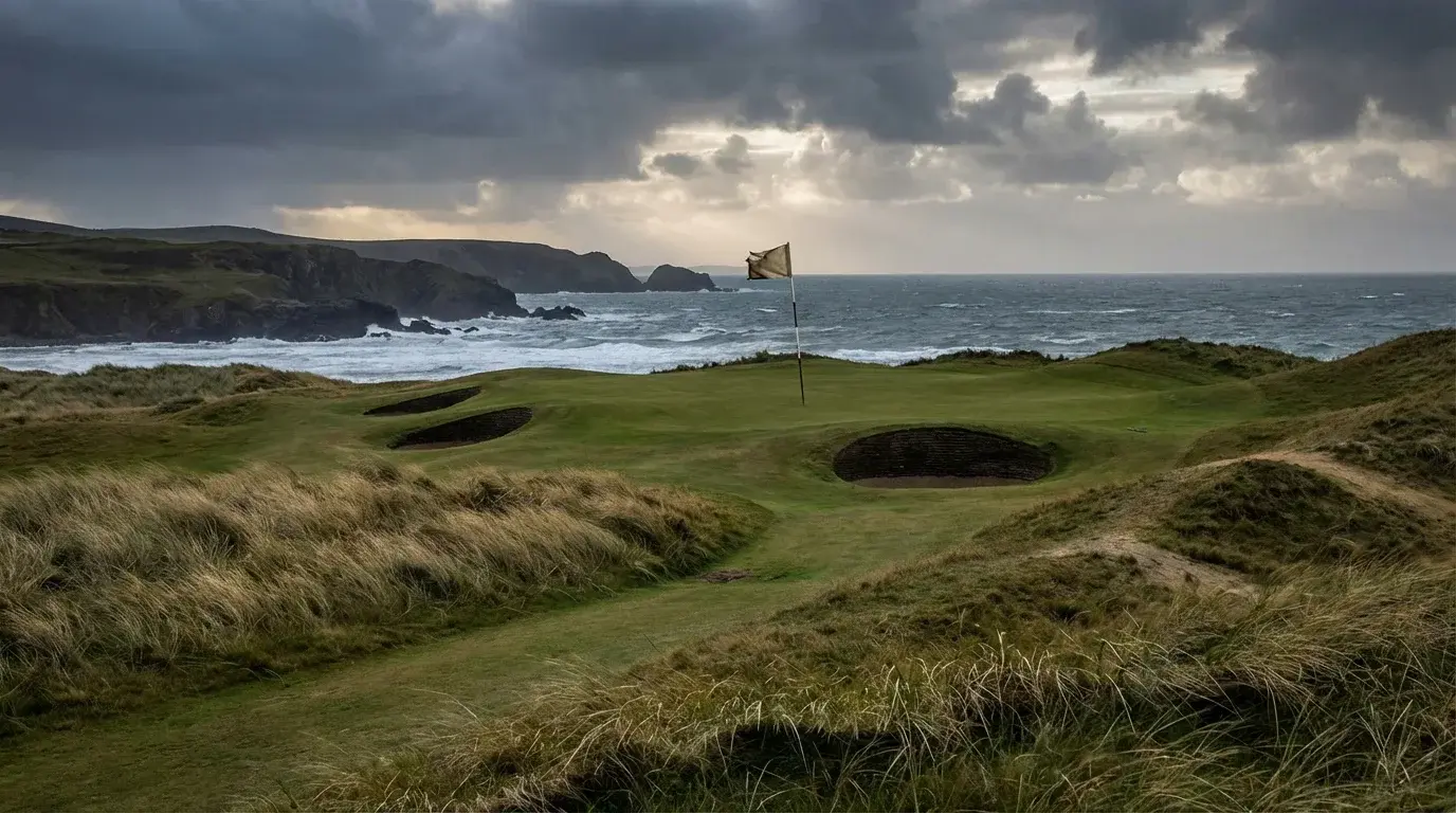 Dramatischer Links-Golfplatz an der britischen Küste mit wehenden Fahnen im Wind bei bewölktem Himmel