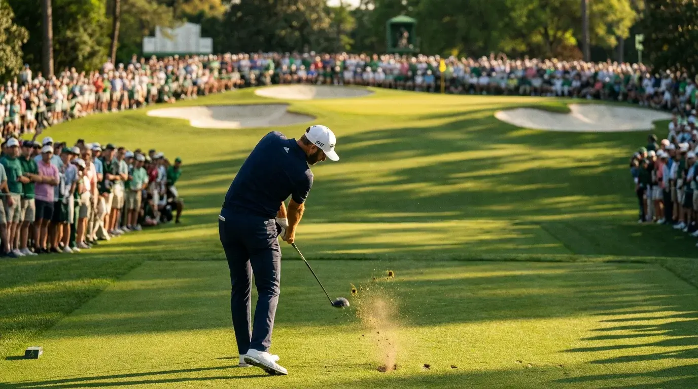 Golfspieler beim Abschlag auf einem weitläufigen Championship-Golfplatz bei dramatischem Abendlicht