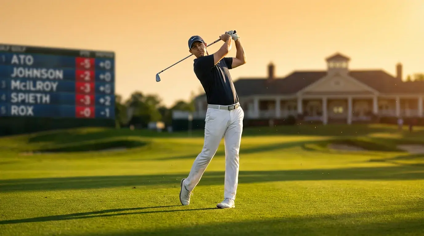 Golfspieler auf einem grünen Fairway mit Leaderboard im Hintergrund bei Sonnenuntergang