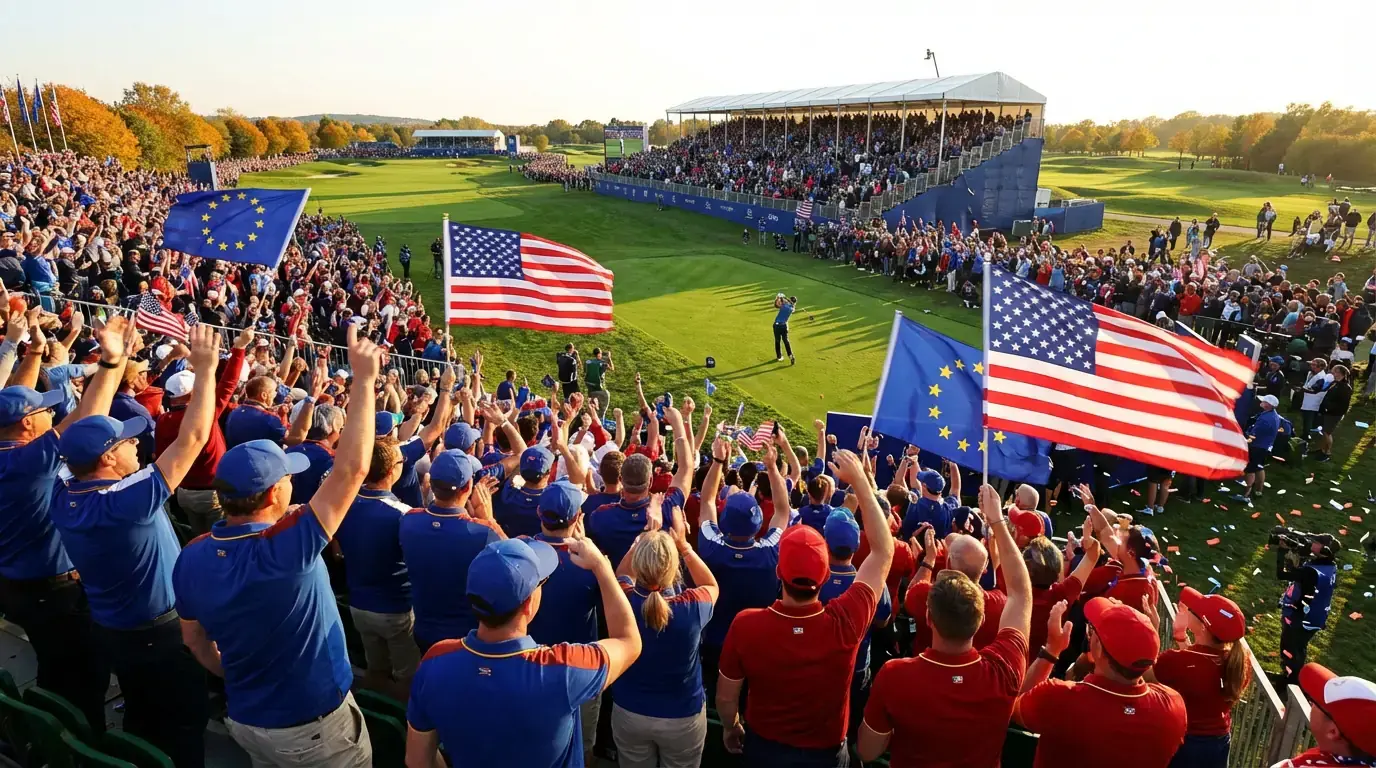 Begeisterte Zuschauer bei einem großen Golfturnier mit europäischen und amerikanischen Flaggen