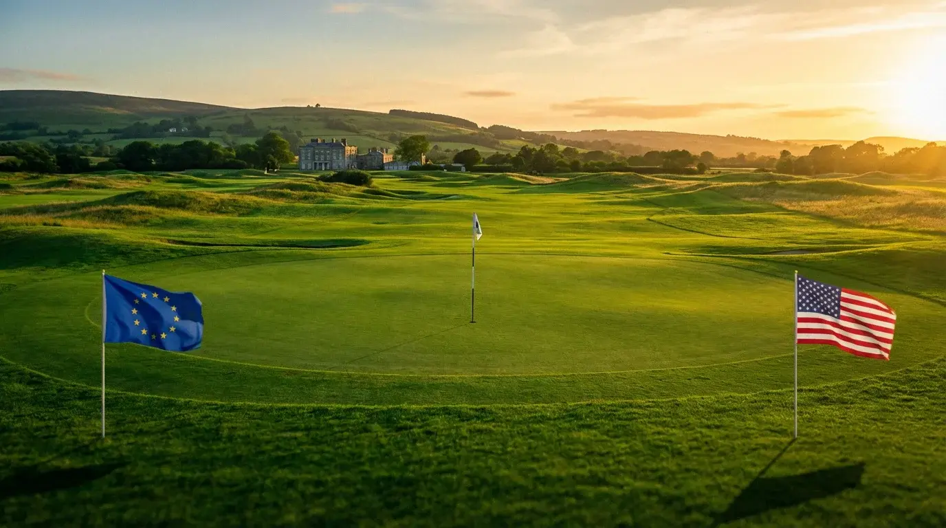 Ryder Cup Golfszene mit europäischer und amerikanischer Flagge auf einem grünen Fairway bei dramatischem Abendlicht
