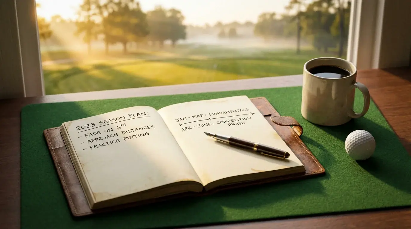 Golfplatz mit Notizbuch und Stift zur strategischen Saisonplanung für Golfwetten