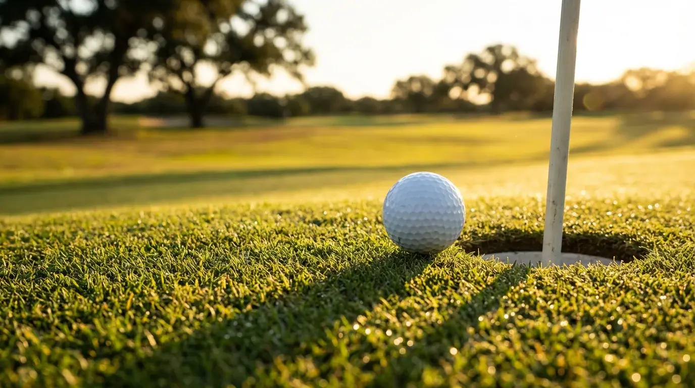 Golfball rollt auf dem Grün direkt auf das Loch zu, dramatische Nahaufnahme bei goldenem Abendlicht