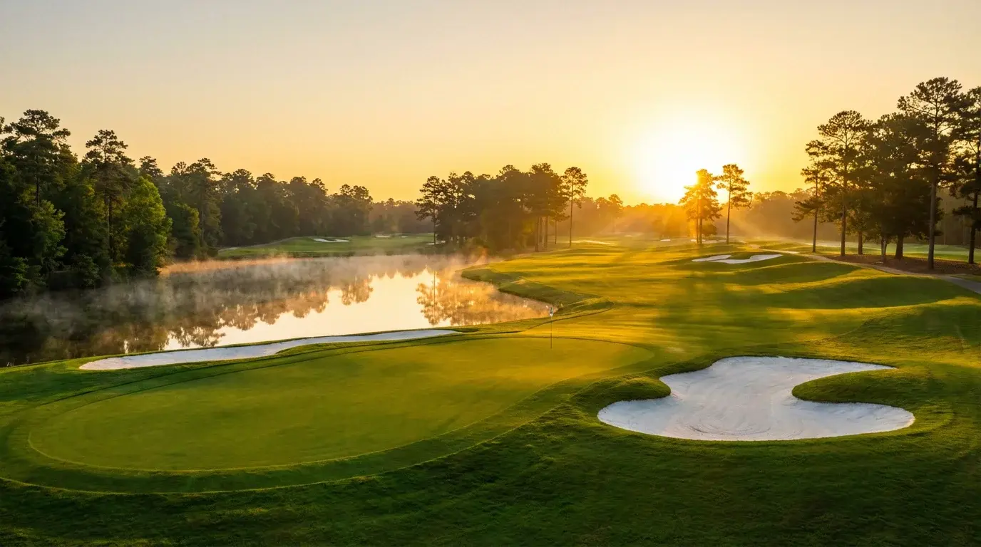 Golfplatz bei Sonnenaufgang mit sattem Grün und Morgennebel über den Fairways