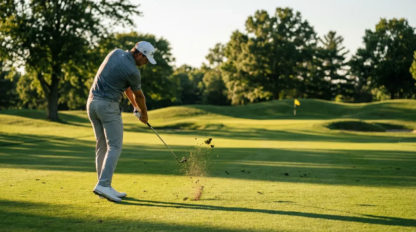 Golfspieler bei einem präzisen Annäherungsschlag auf dem Fairway mit dramatischem Licht