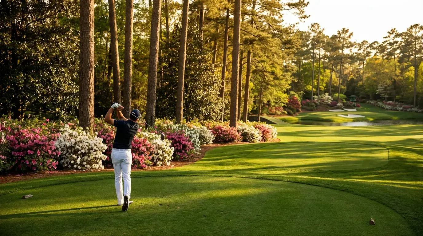 Augusta National Golf Club im Frühling mit blühenden Azaleen und einem Golfer beim Abschlag
