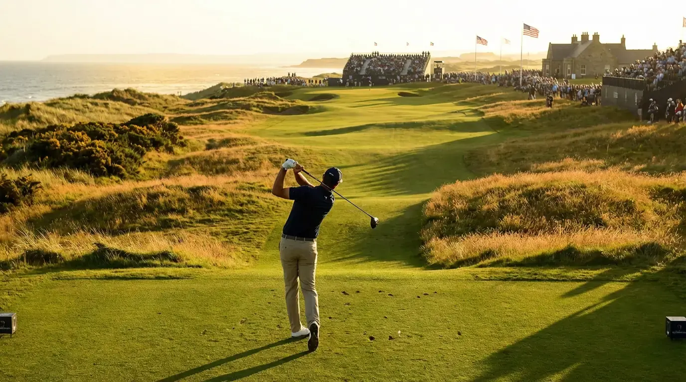 Golfspieler schlägt auf einem anspruchsvollen Fairway bei der US Open mit tiefem Rough und dramatischer Beleuchtung