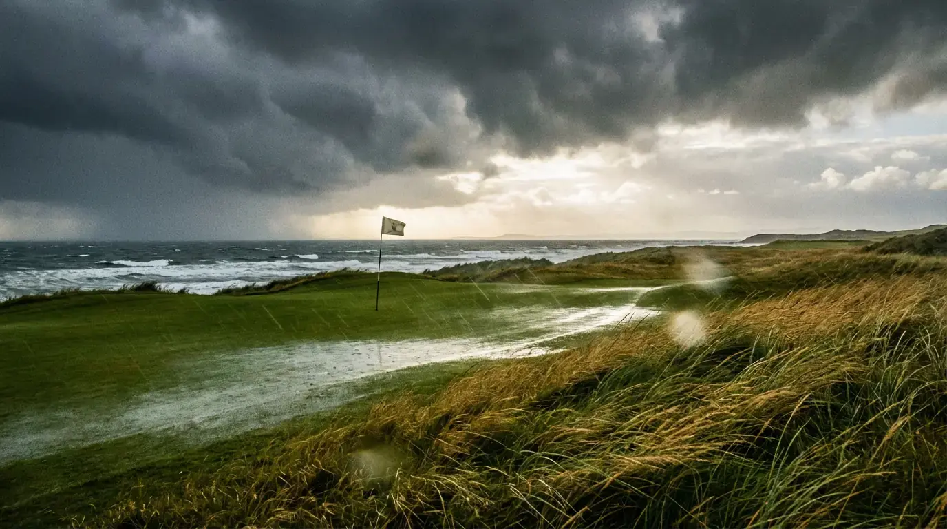 Golfplatz bei stürmischem Wetter mit Wind und Regen über einem Links-Kurs